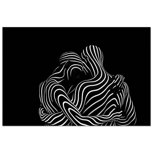 Silent Motion black abstract wall art poster with two embracing figures drawn in white flowing lines on black