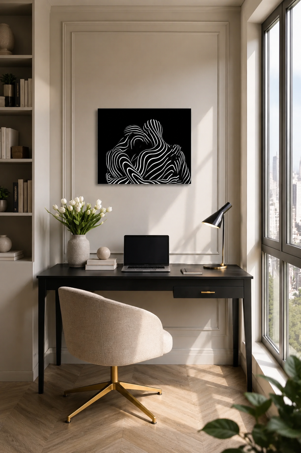 Black and white abstract canvas wall art in a bright modern home office with natural daylight