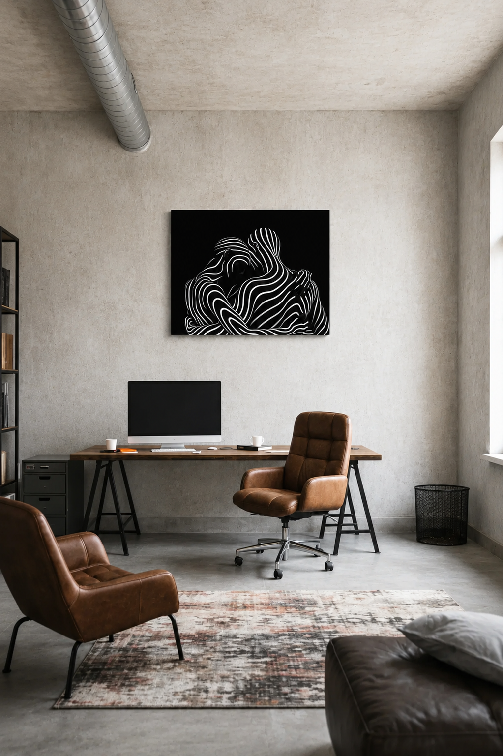 Black and white abstract canvas wall art in an industrial home office with leather furniture and natural light