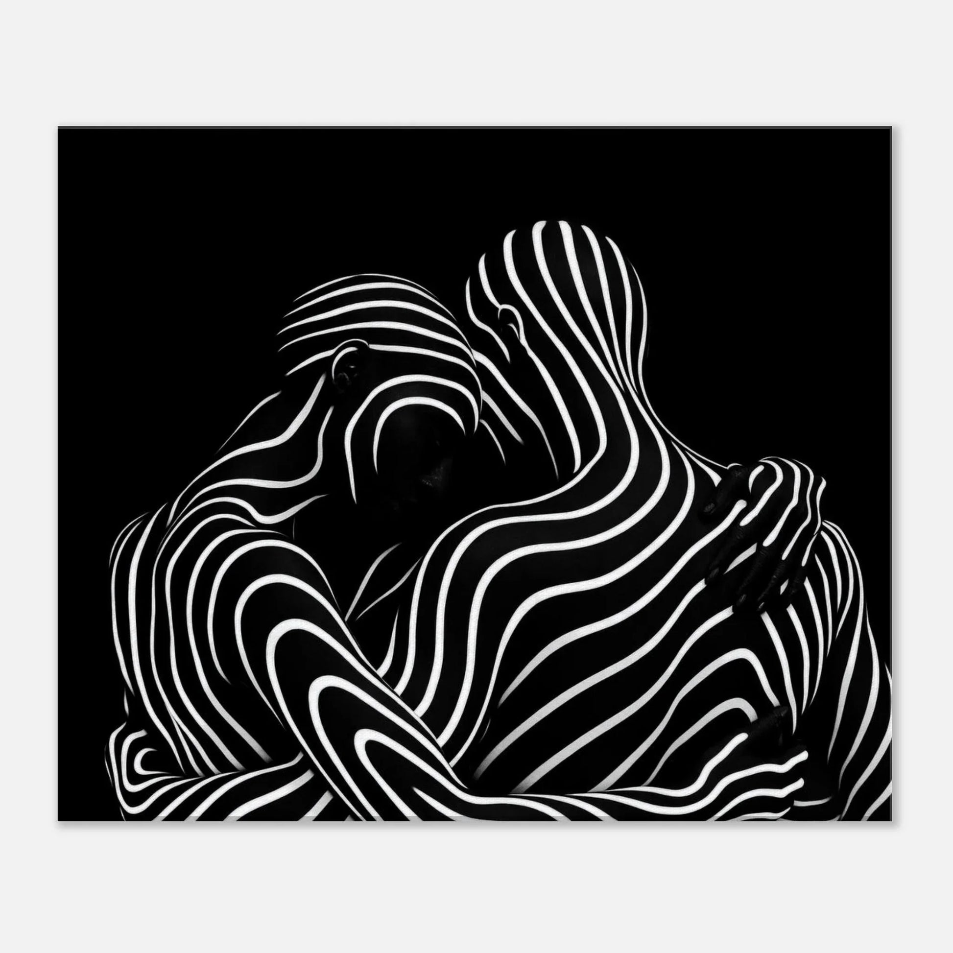 Close view of the white line work where the two figures merge into one another