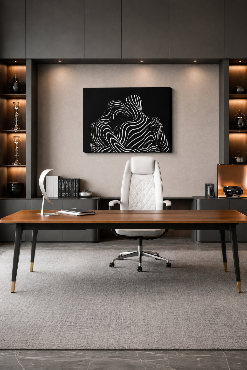 Black and white abstract canvas wall art in a luxury executive office with modern furniture