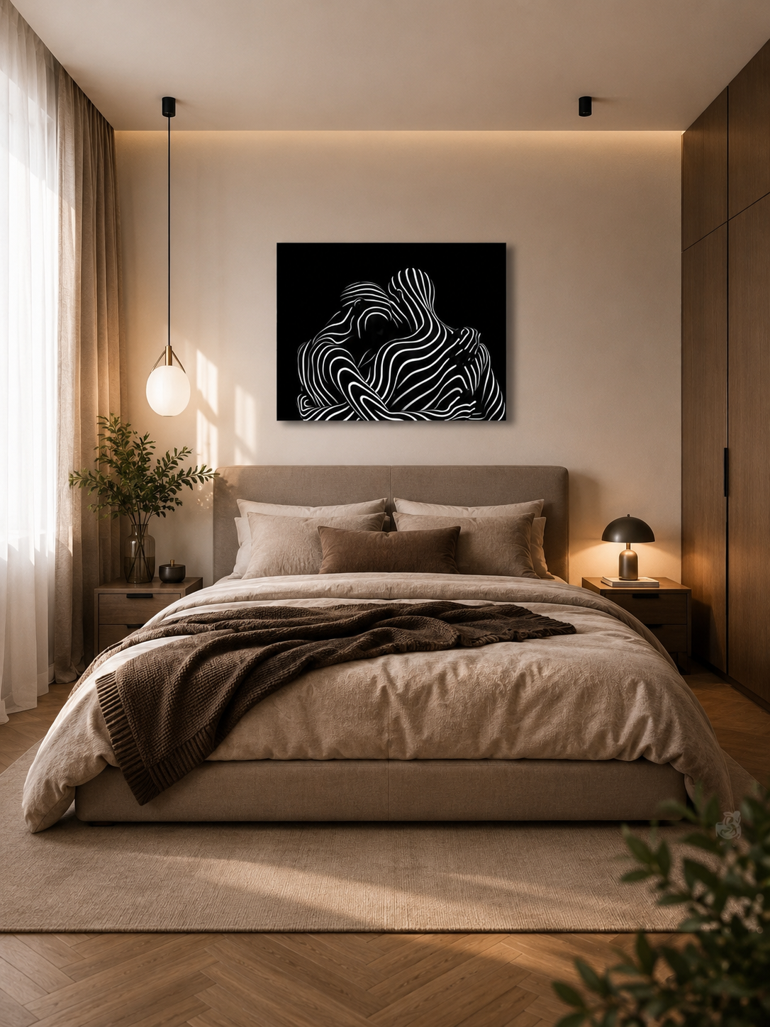 Black and white abstract canvas wall art above a cozy modern bed with warm neutral decor