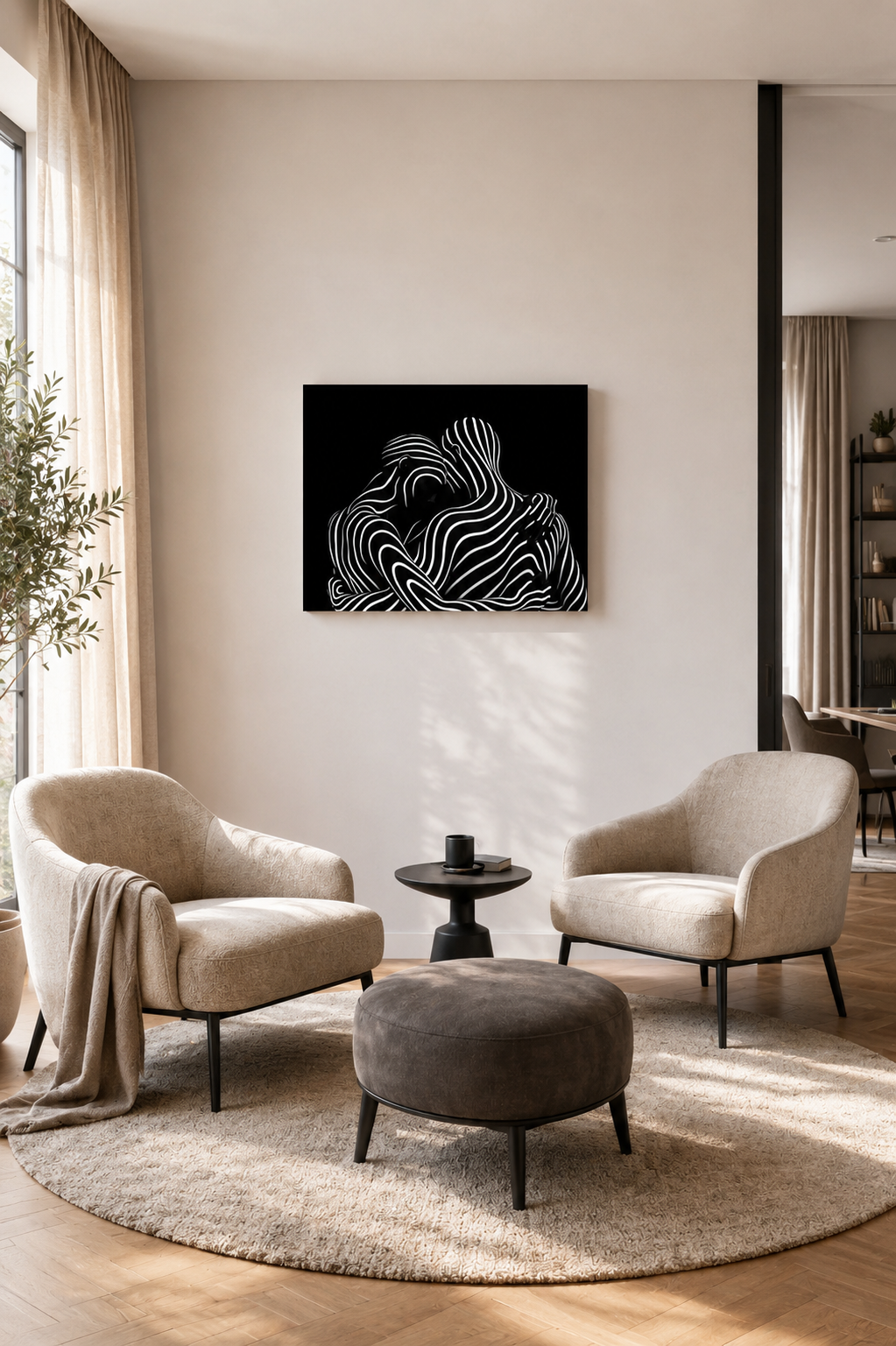 Black and white abstract canvas wall art in a bright modern living room with neutral decor and natural daylight