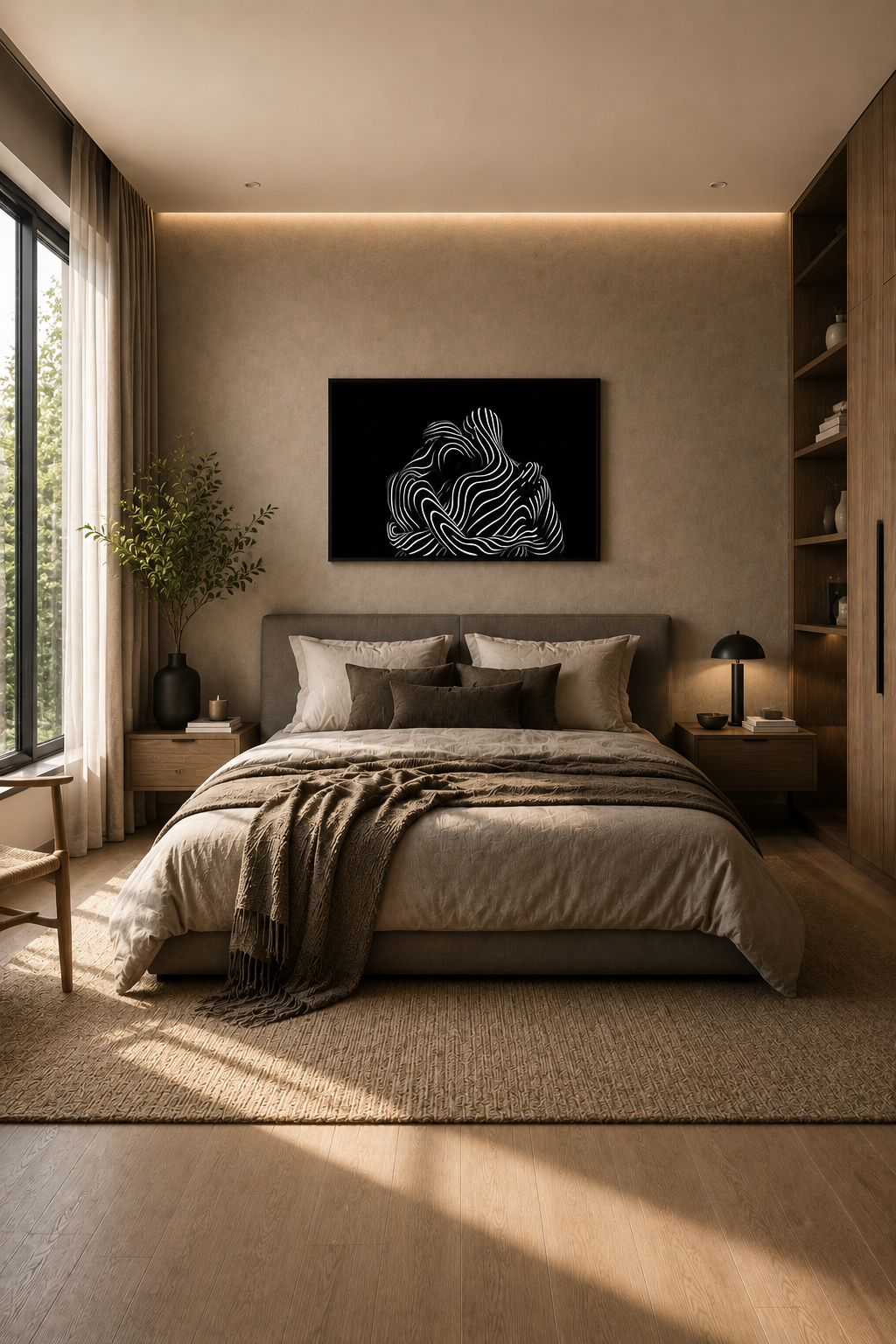 Black and white abstract line art in a black wooden frame hanging above a neutral-toned bed in a warm modern bedroom with soft lighting and natural wood details.