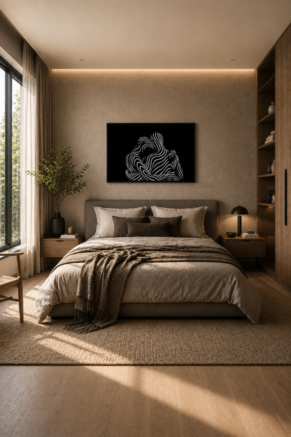 Black and white abstract line art in a black wooden frame hanging above a neutral-toned bed in a warm modern bedroom with soft lighting and natural wood details.