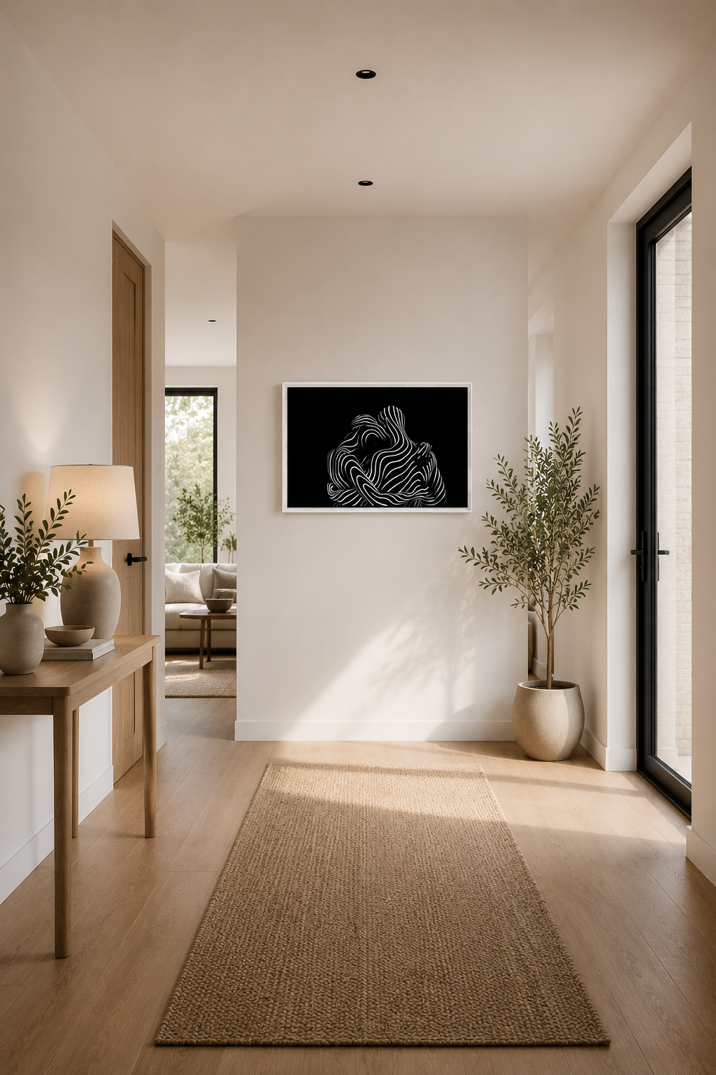 Black background abstract line art with a white wooden frame displayed on white walls in a bright Scandinavian hallway with light wood flooring and natural daylight.