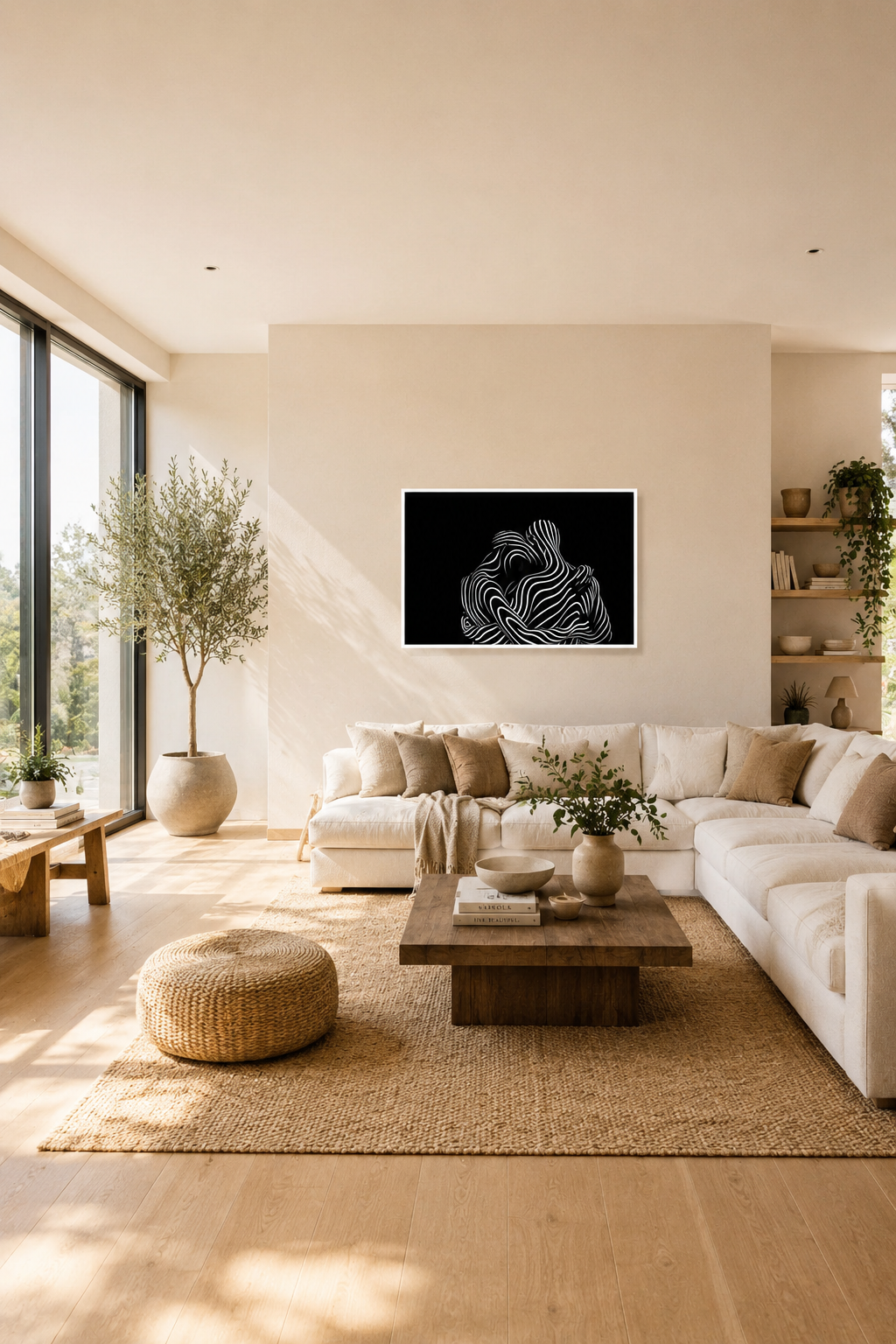 Black and white abstract couple wall art with a black frame displayed above a beige sectional sofa in a bright Scandinavian living room with natural daylight and wooden accents.