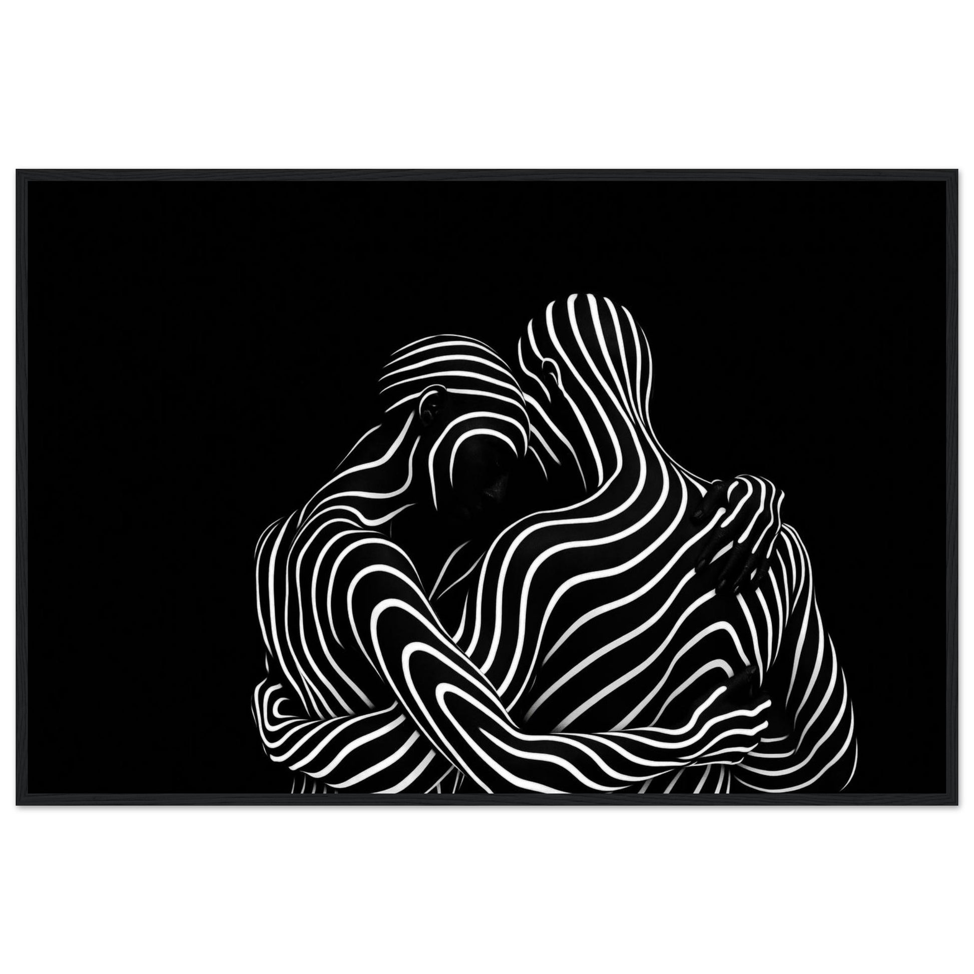 Silent Motion monochrome abstract framed wall art in a black wooden frame, two embracing figures drawn in white flowing lines