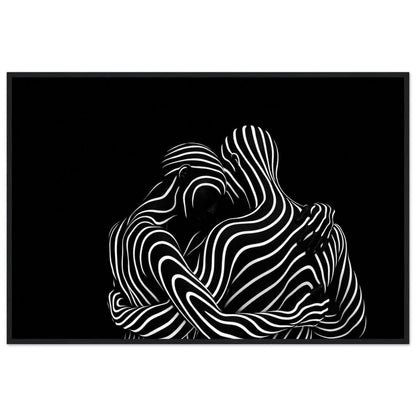 Silent Motion monochrome abstract framed wall art in a black wooden frame, two embracing figures drawn in white flowing lines