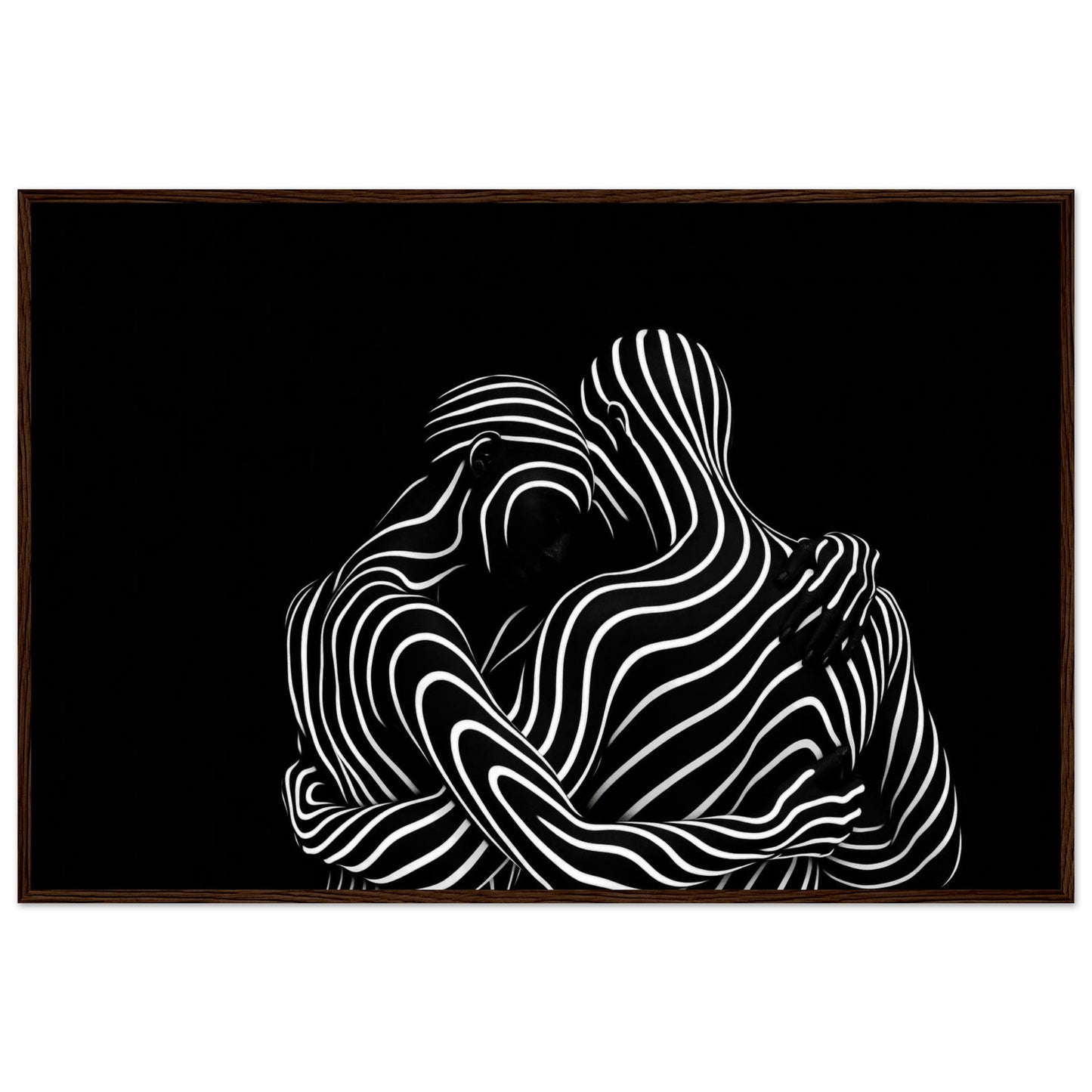 The flowing line composition in a dark brown wooden frame