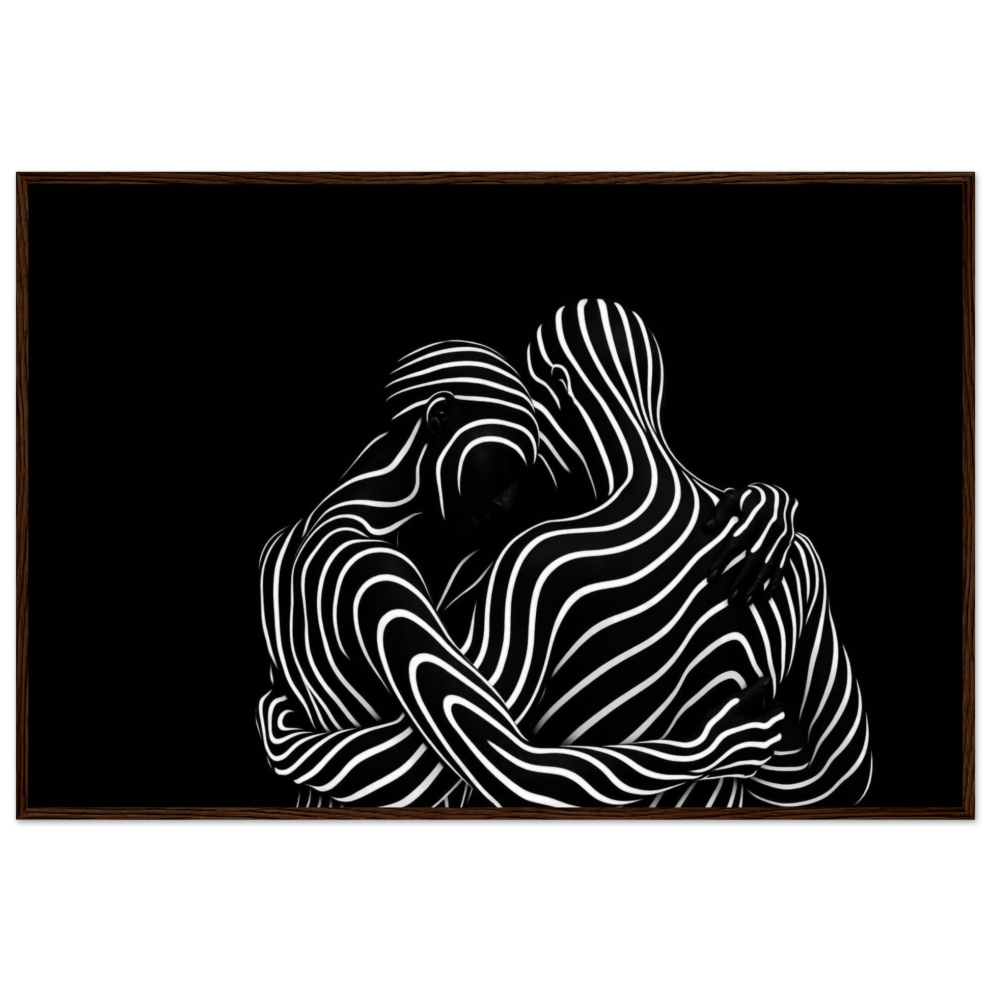 The flowing line composition in a dark brown wooden frame