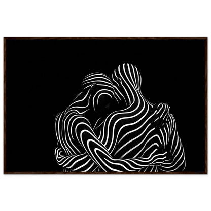 The flowing line composition in a dark brown wooden frame