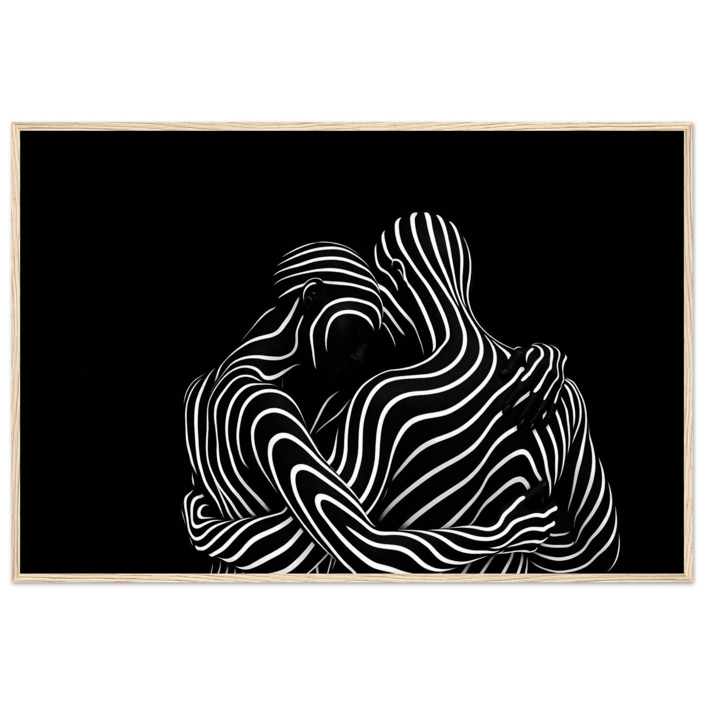 The flowing line composition in a natural light wood frame