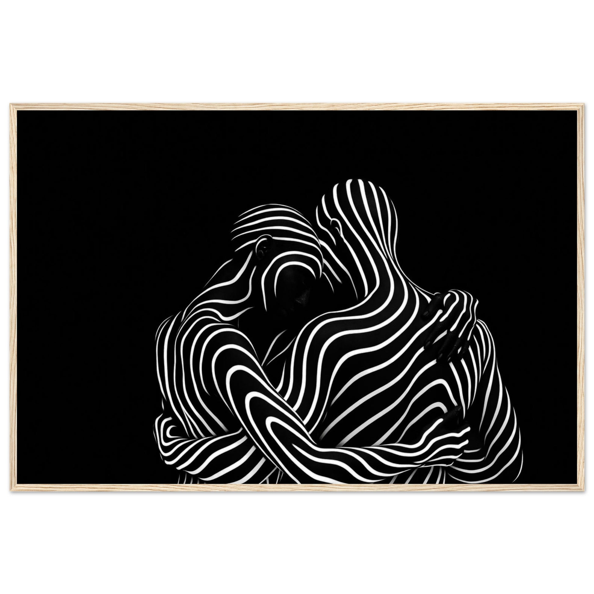 The flowing line composition in a natural light wood frame