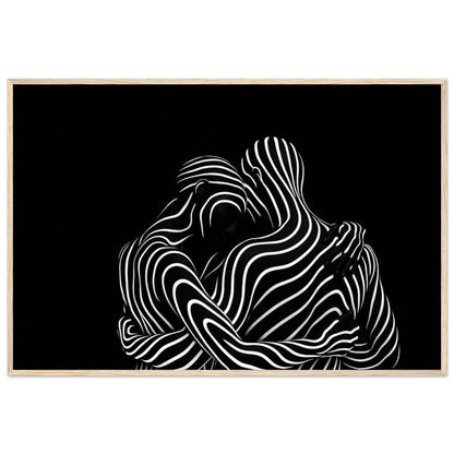 The flowing line composition in a natural light wood frame
