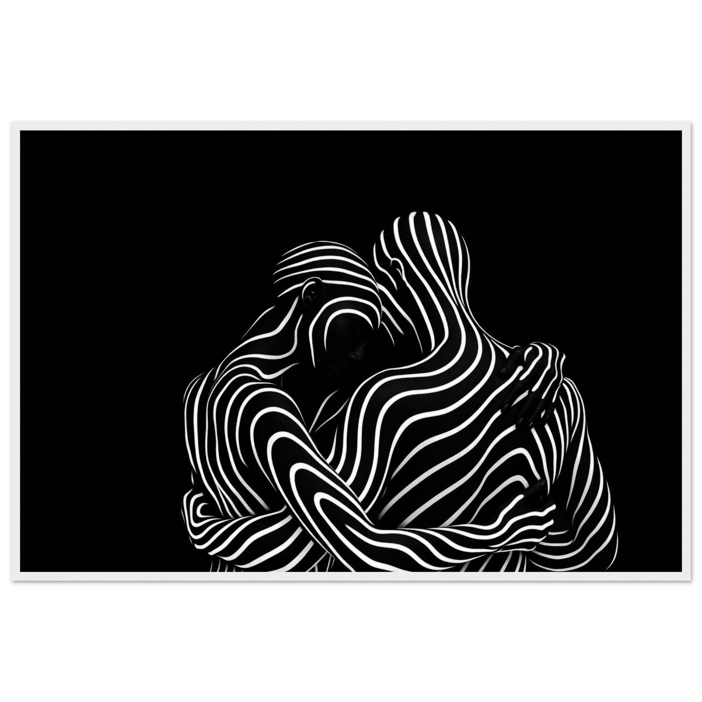 The flowing line composition in a white wooden frame