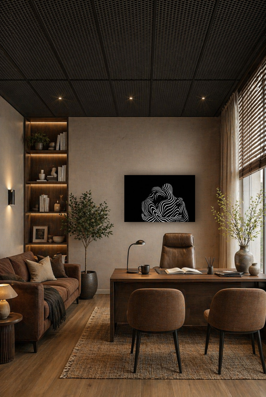 The abstract poster in a modern dining room with warm wood accents