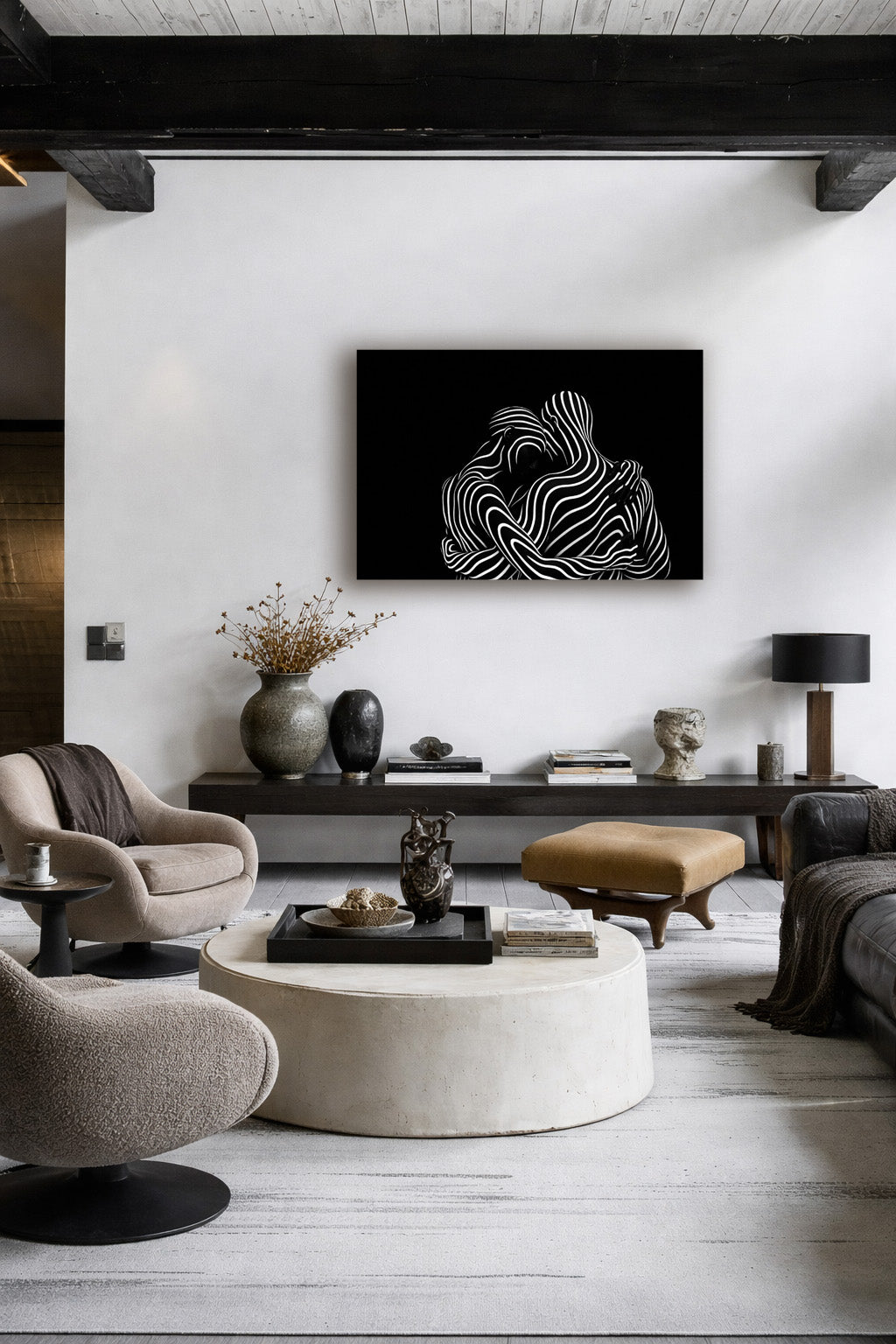 The abstract poster in a bright contemporary living room with neutral decor