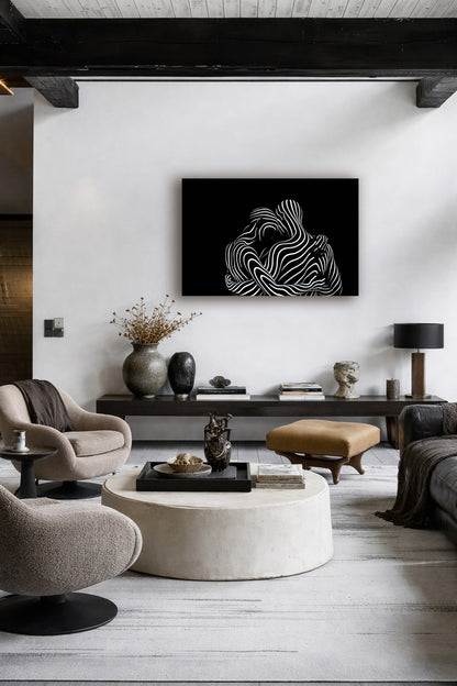 The abstract poster in a bright contemporary living room with neutral decor