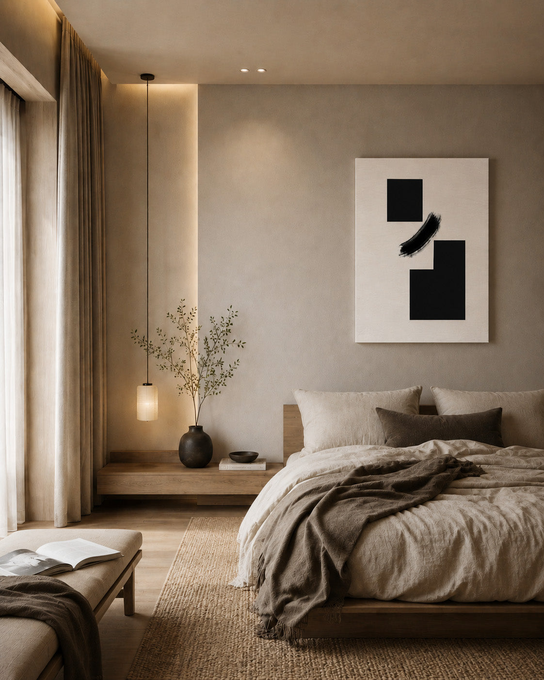 The canvas above a bed in a modern bedroom with wood paneling and soft lighting