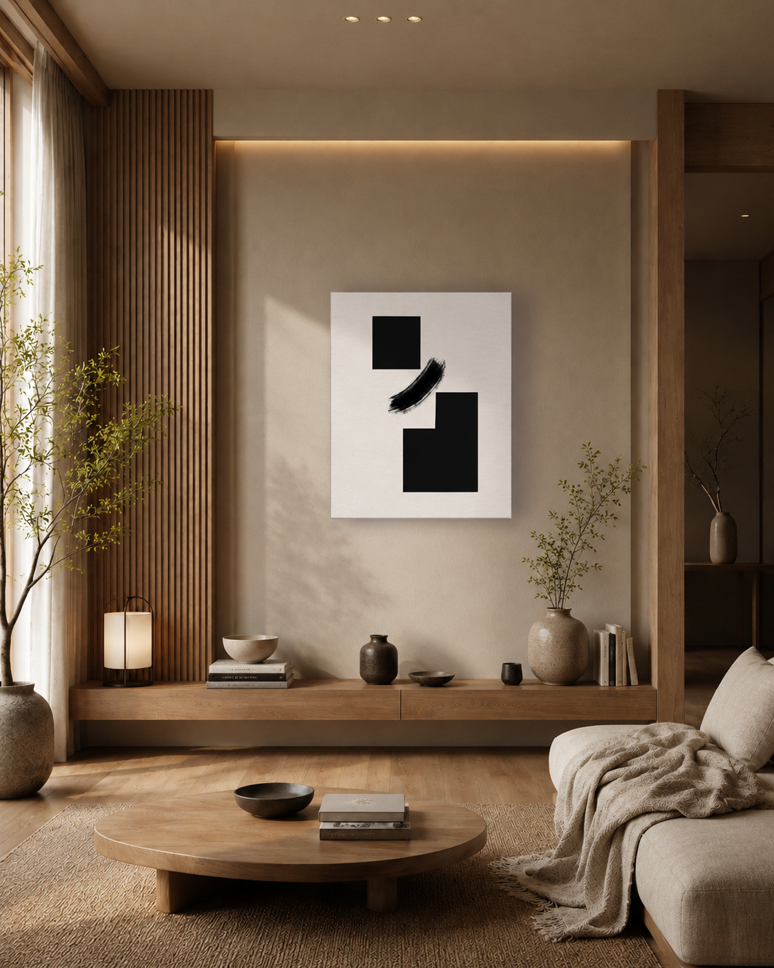The canvas in a cozy living room with potted plants and a low wooden bench