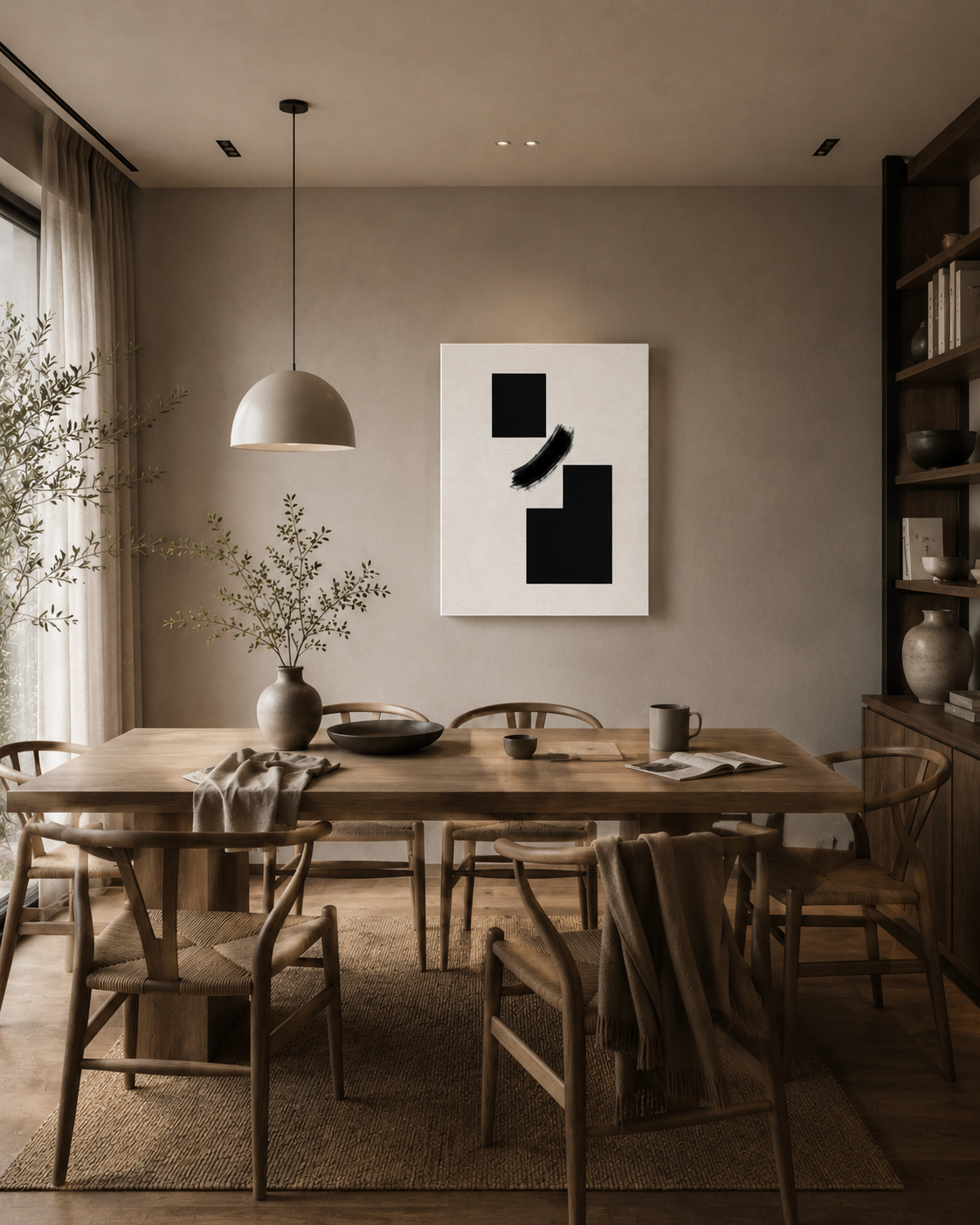 The canvas in a contemporary dining room with a long table and pendant lighting
