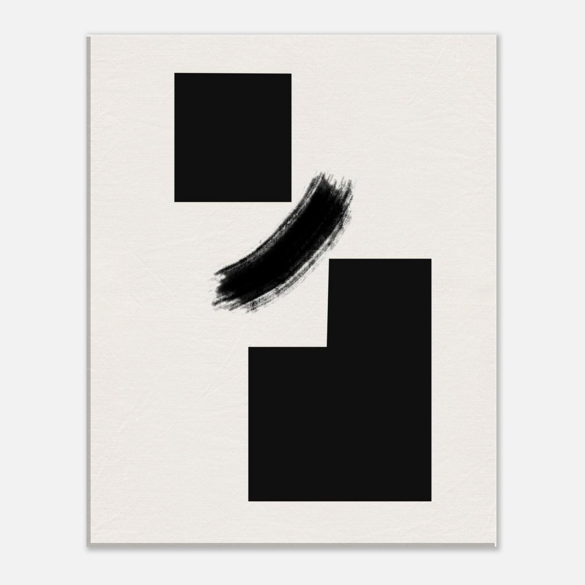 The two black blocks viewed straight on against the textured off-white ground
