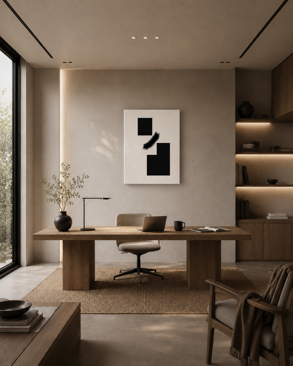 The canvas above a wooden desk in a minimalist home office with built-in shelving