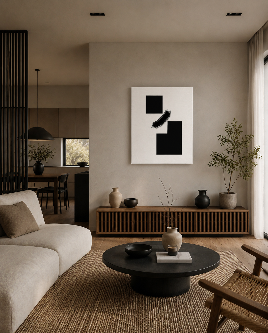 The canvas in a warm Scandinavian living room with a cream sofa and a round wooden table
