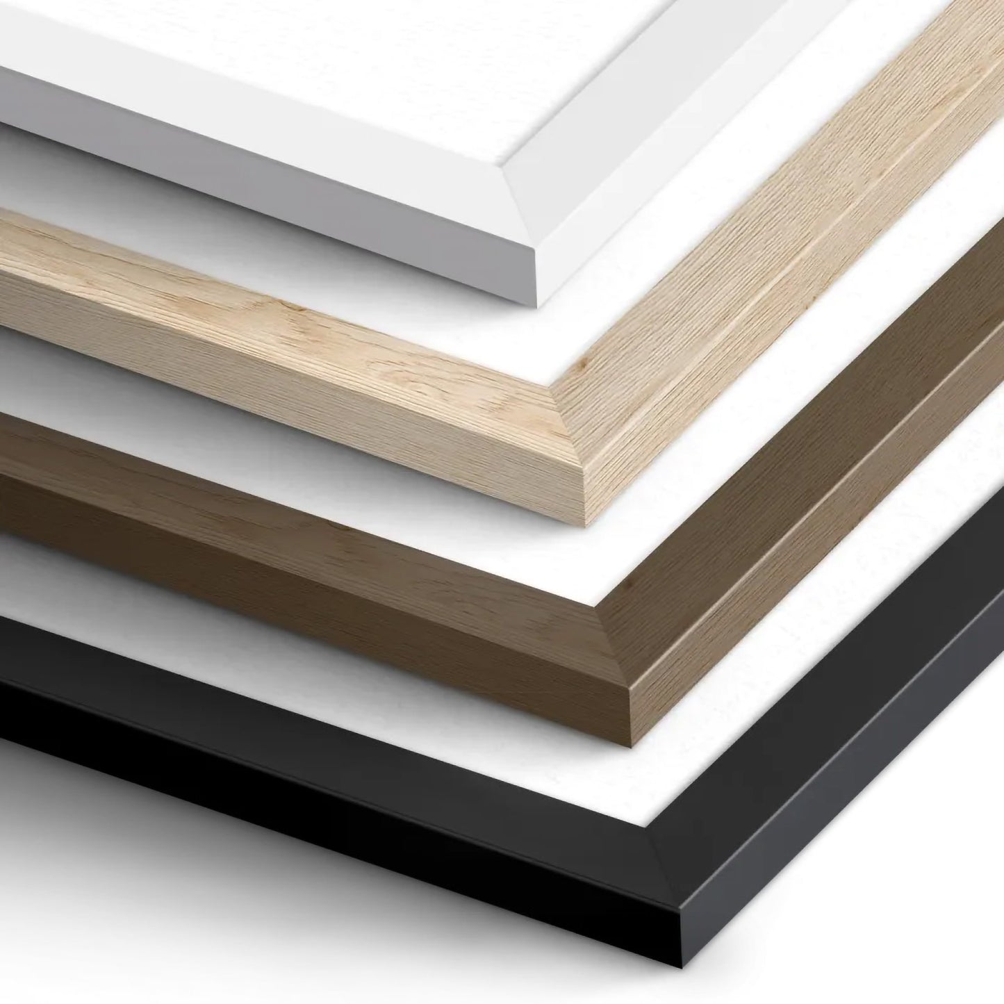 Frame color samples: black, dark brown, natural wood and white wooden frame profiles