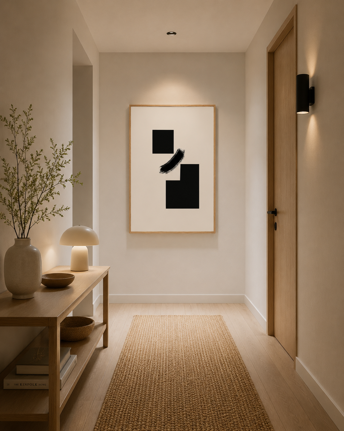 The framed print in a Scandinavian hallway above a console table