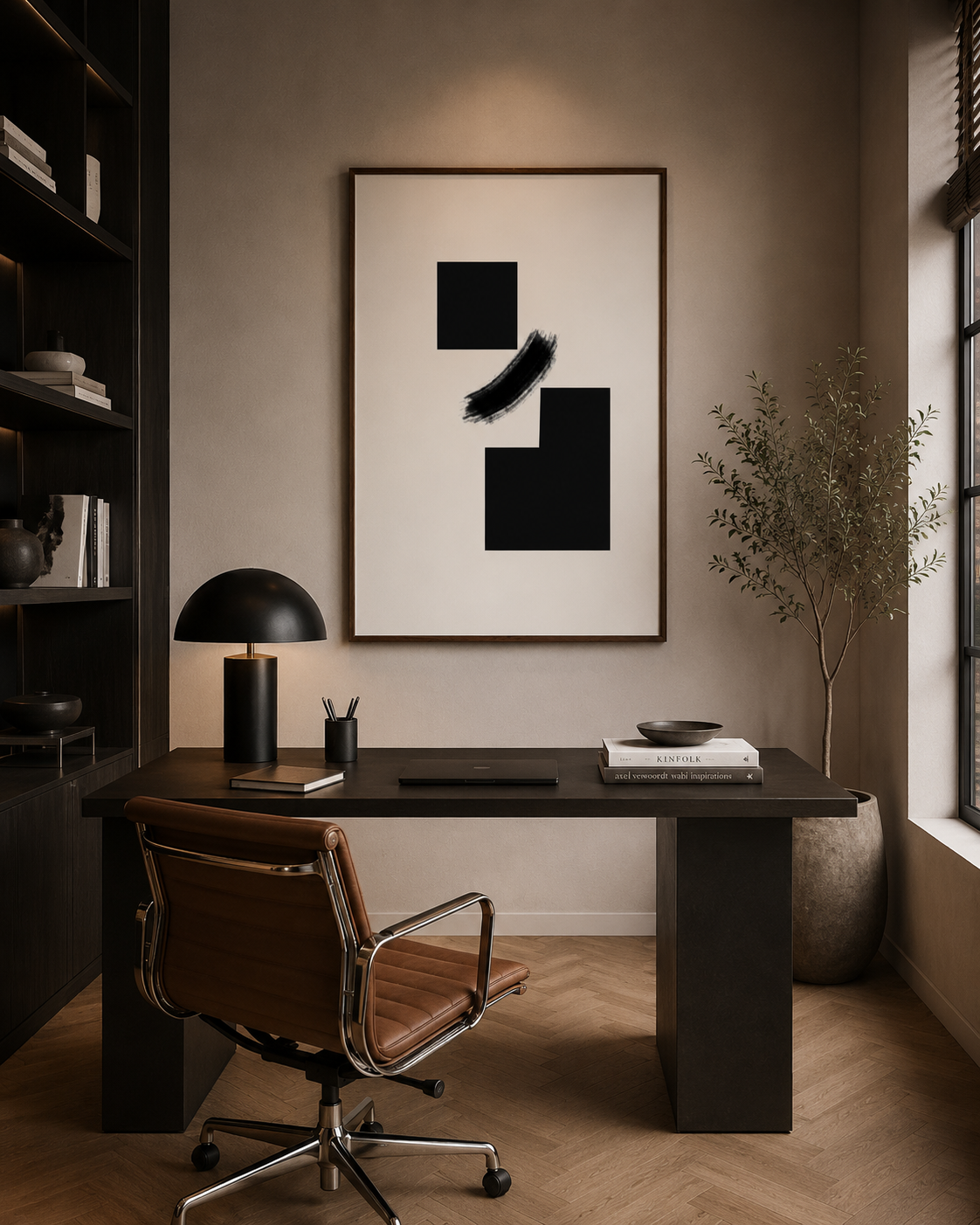The framed print above a desk in a modern home office with warm neutral decor