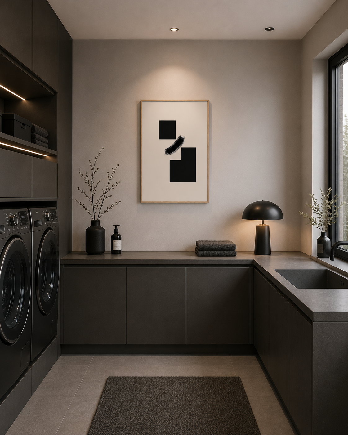 The framed print in a utility room with dark cabinetry and neutral tones