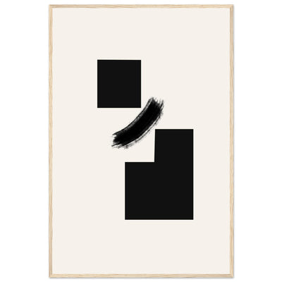 Silent Structure abstract Japandi framed wall art in a natural light wood frame, two offset black blocks with a sweeping brushstroke