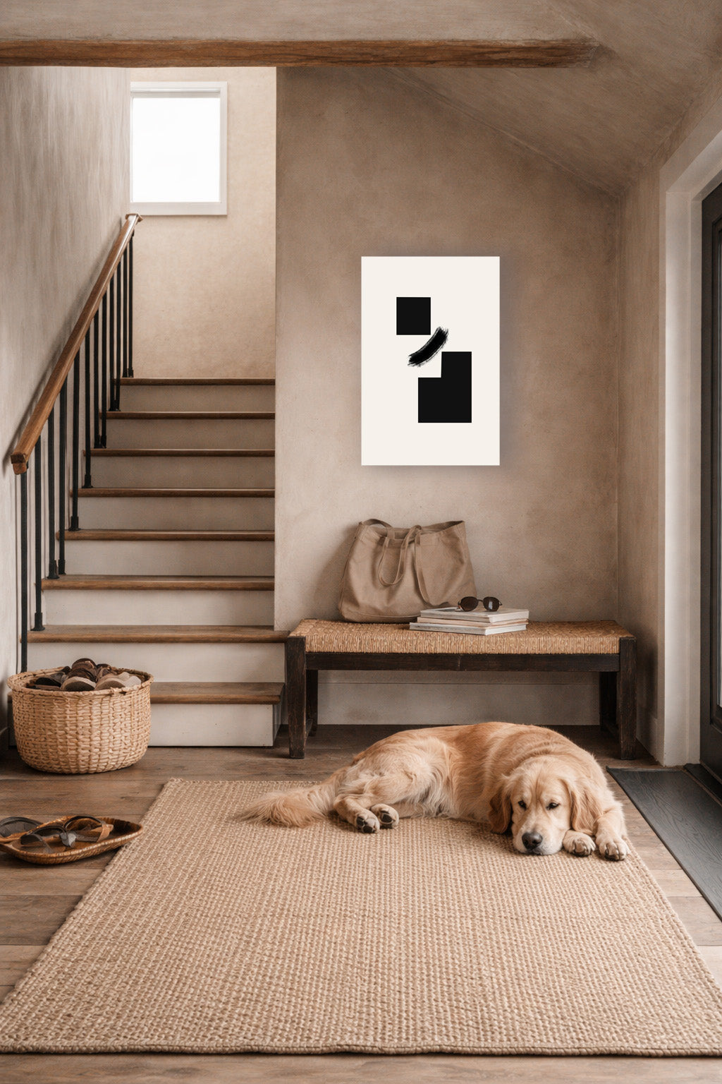 The poster in an entryway beside a staircase with a woven rug on the floor