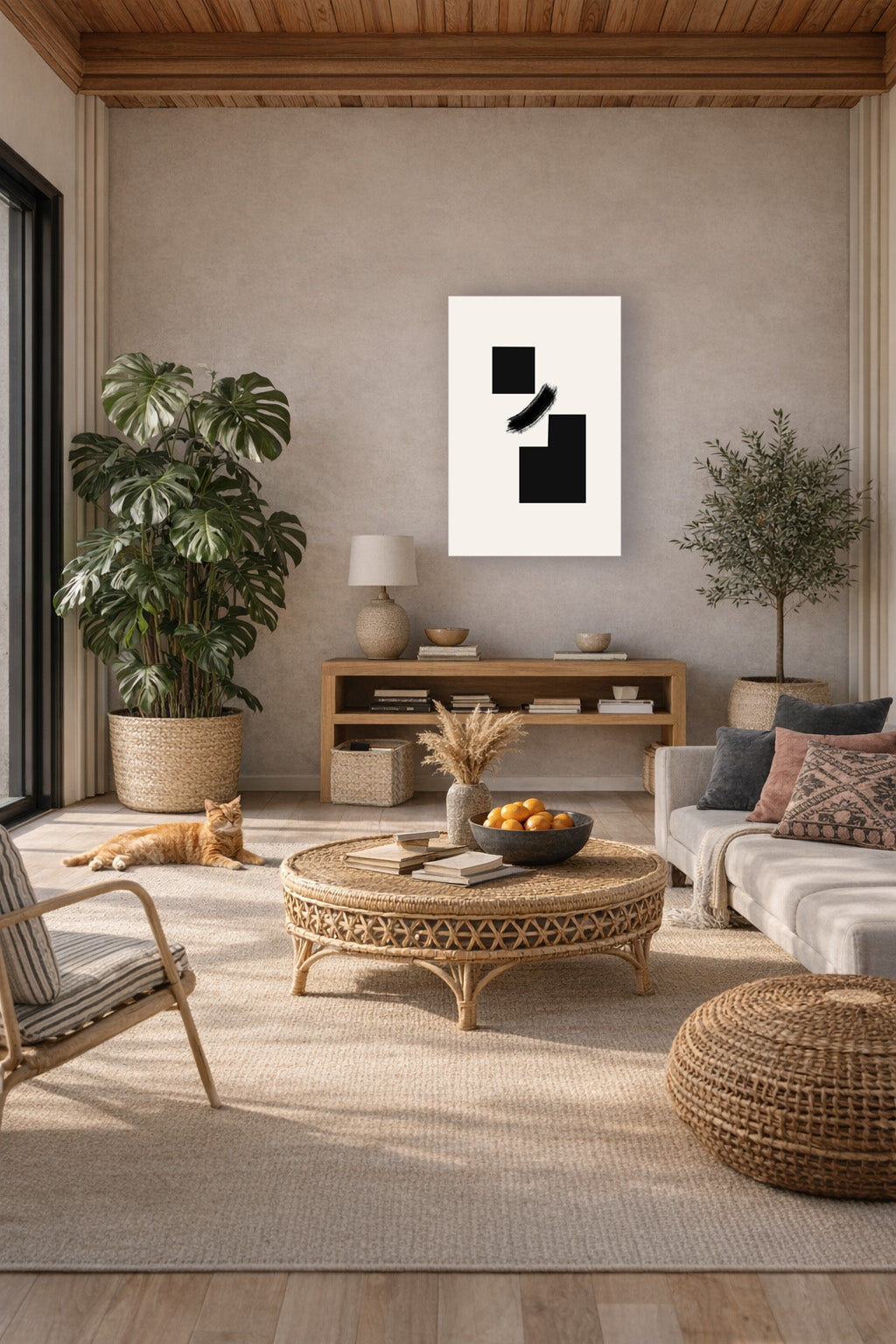 The poster in a warm living room with potted plants and rattan furniture