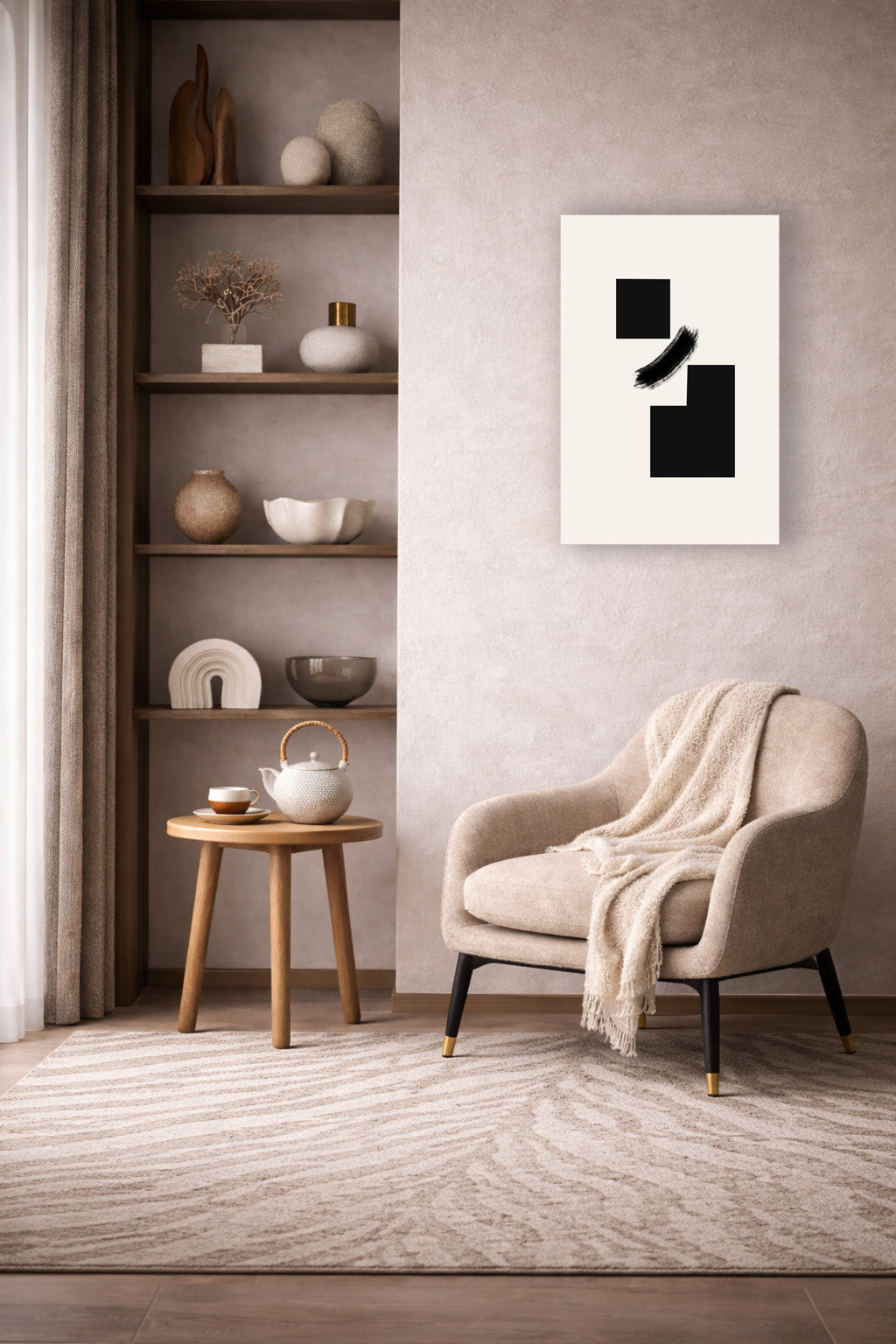 The poster in a cozy reading corner with a cream armchair and open shelving