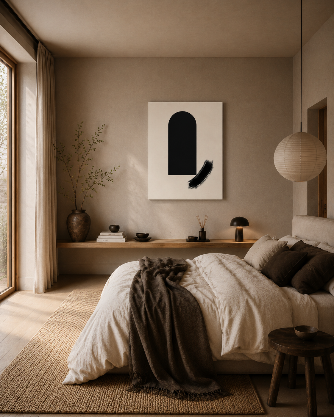 The canvas above a bed in a neutral bedroom with soft textures