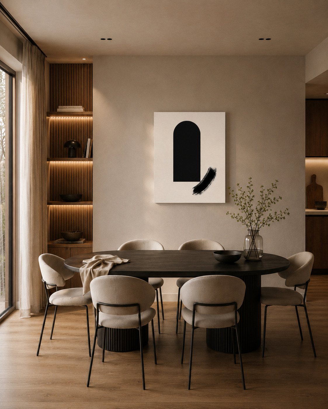 The canvas above a dining table in a Scandinavian-inspired interior