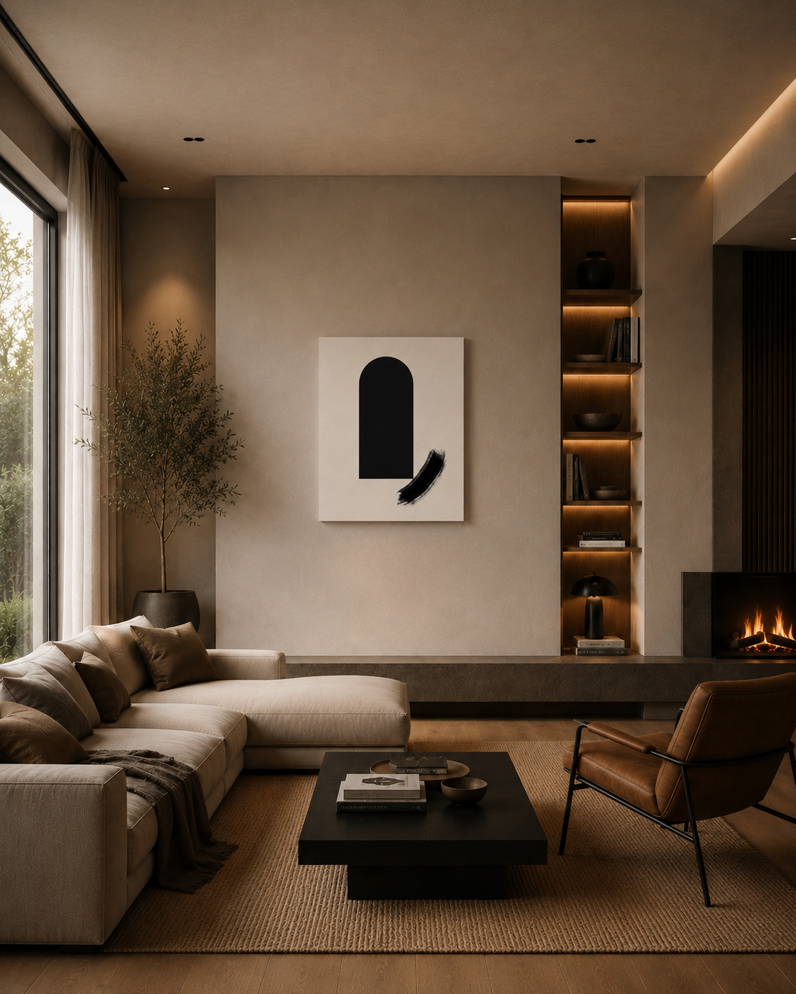The canvas in a cozy living room with a fireplace and natural textures