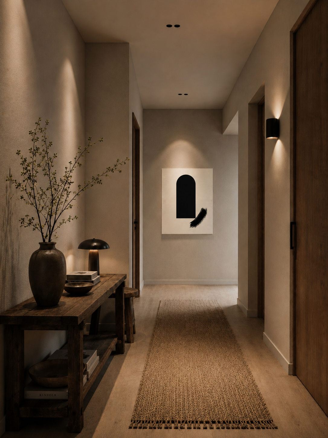 The canvas in a warm hallway with a console table and dried branches