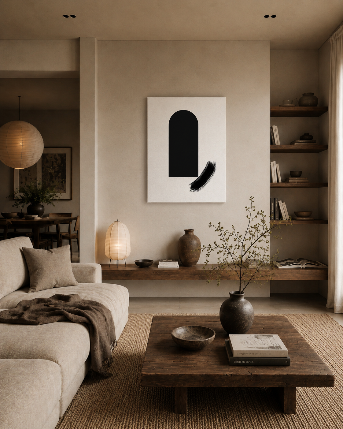 The canvas in a warm living room with wooden shelves and a cream sofa