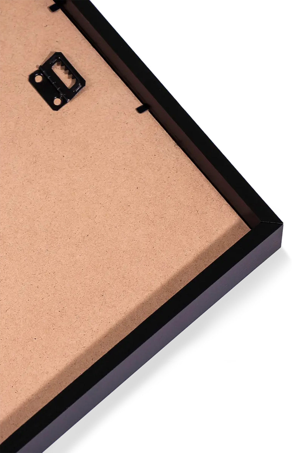 Back of the wooden framed poster showing the backing board and the wall mounting hardware