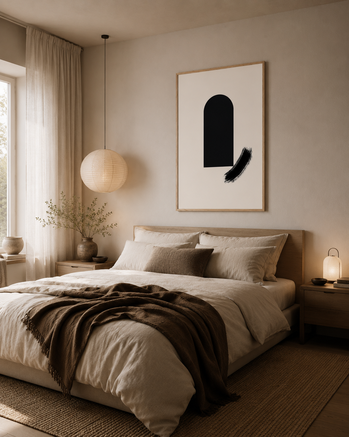 The framed print above a bed in a warm Japandi bedroom