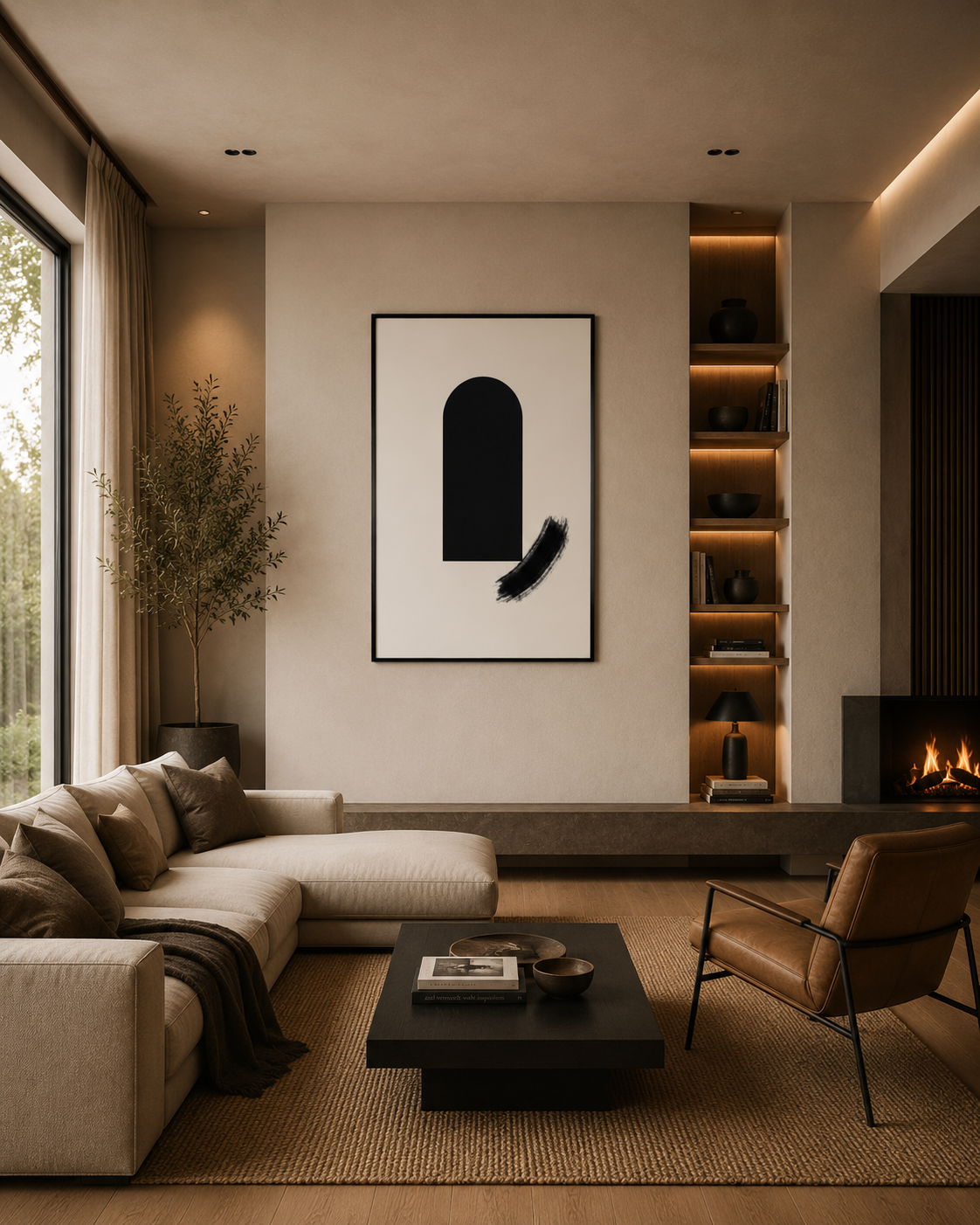 The framed print in a warm living room with a low sofa and a fireplace