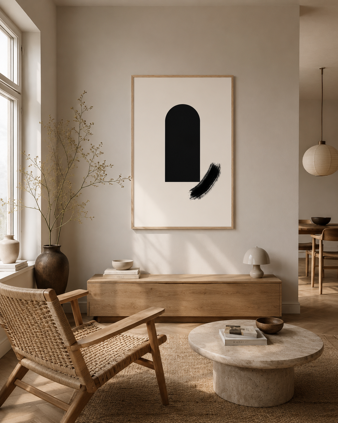 The framed print in a calm reading corner with a lounge chair and a round table
