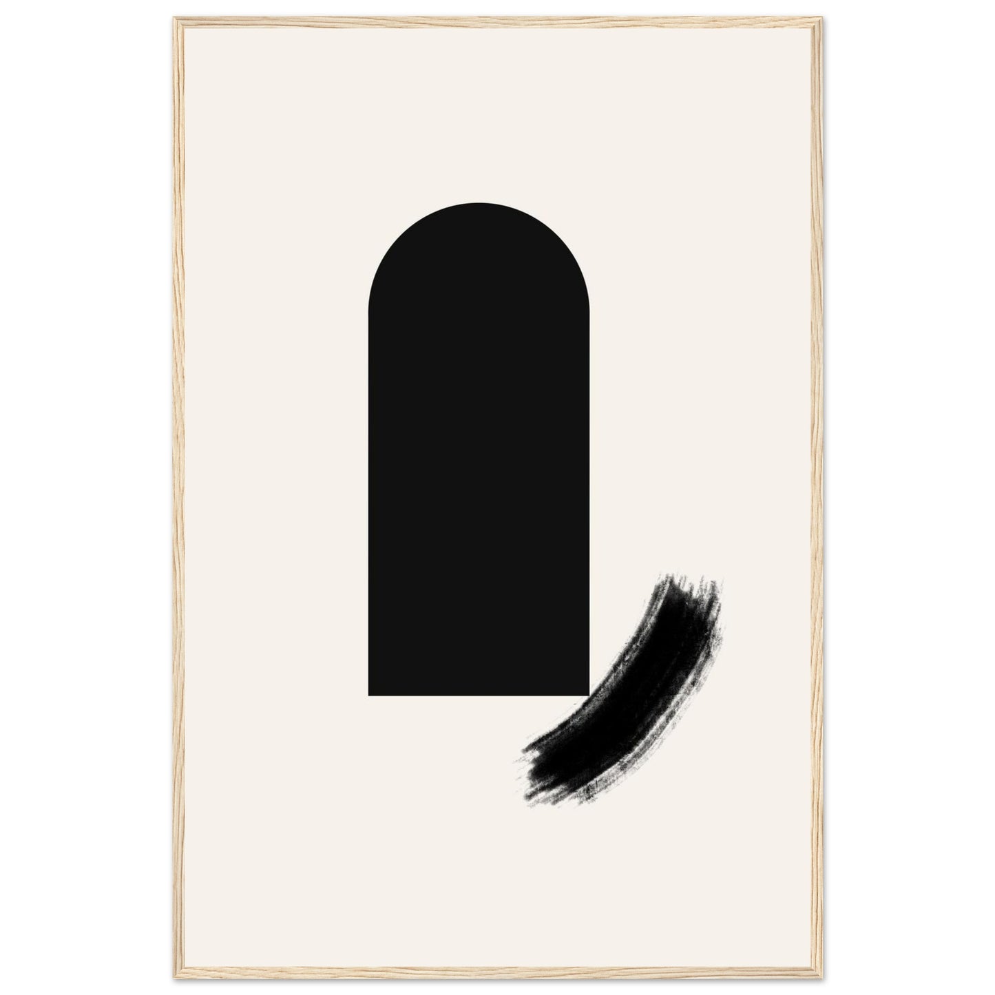 Soft Arch minimalist Japandi framed wall art in a natural light wood frame, a black arch with a sweeping brushstroke