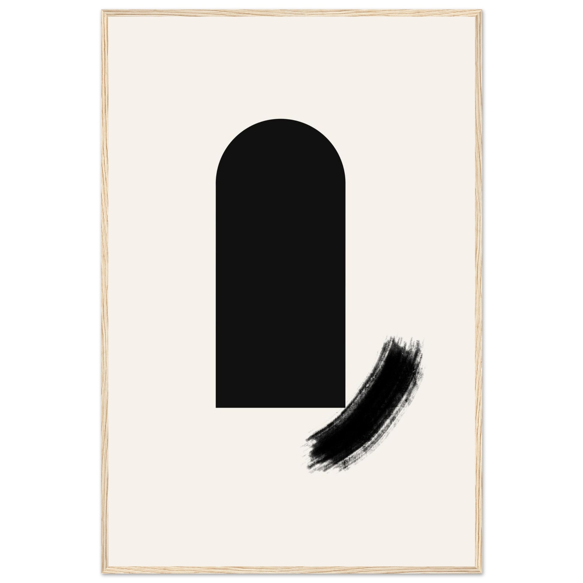 Soft Arch minimalist Japandi framed wall art in a natural light wood frame, a black arch with a sweeping brushstroke