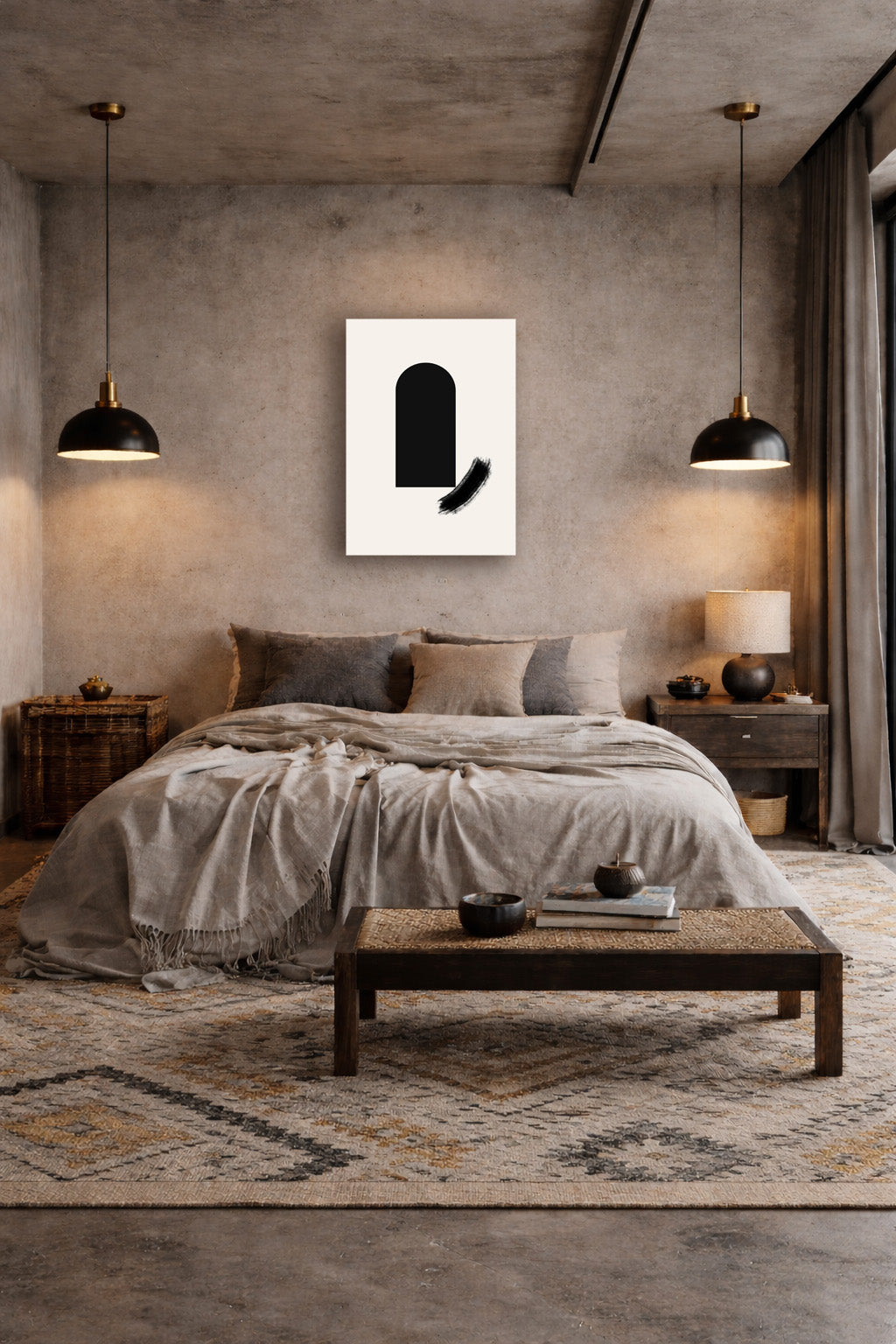 Minimalist Japandi poster displayed above a bed in a warm neutral bedroom interior.