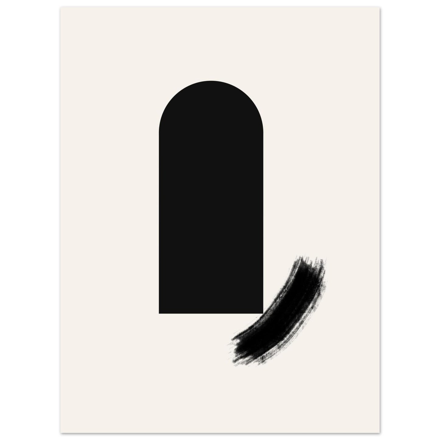 Neutral Japandi abstract poster with black geometric shapes and modern brush texture.
